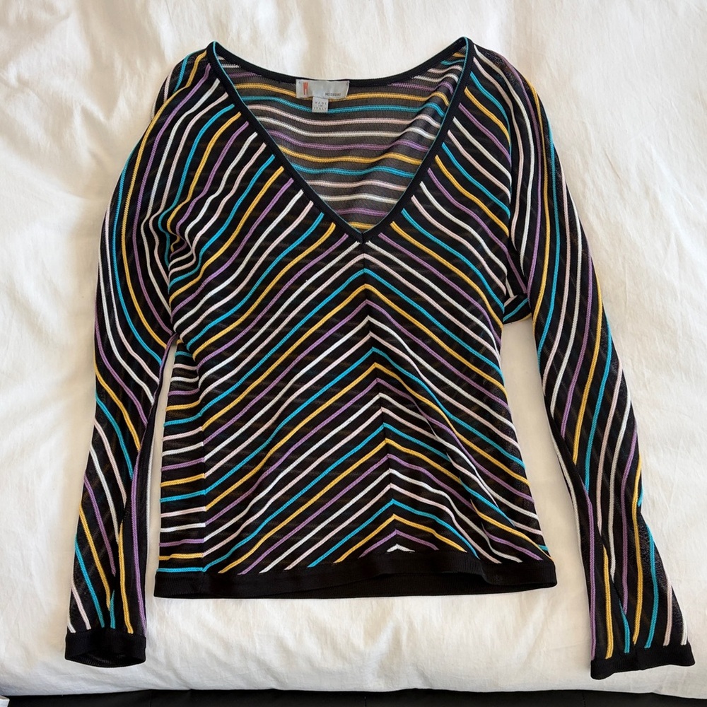 Missoni Light Knit V-Neck Long Sleeve Top in Black with Multicolor Stripes
